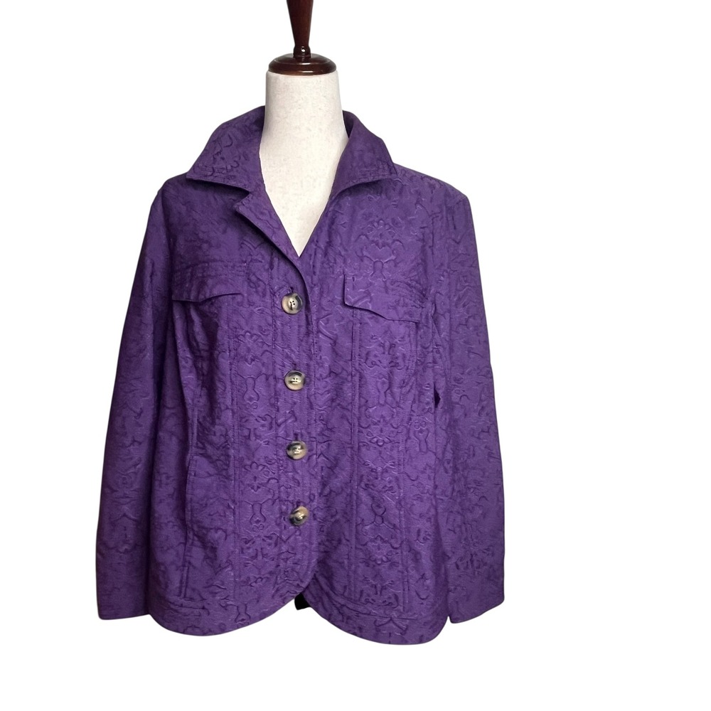 Coldwater Creek Womens Jacket Purple Floral Button Front Collared Size W18